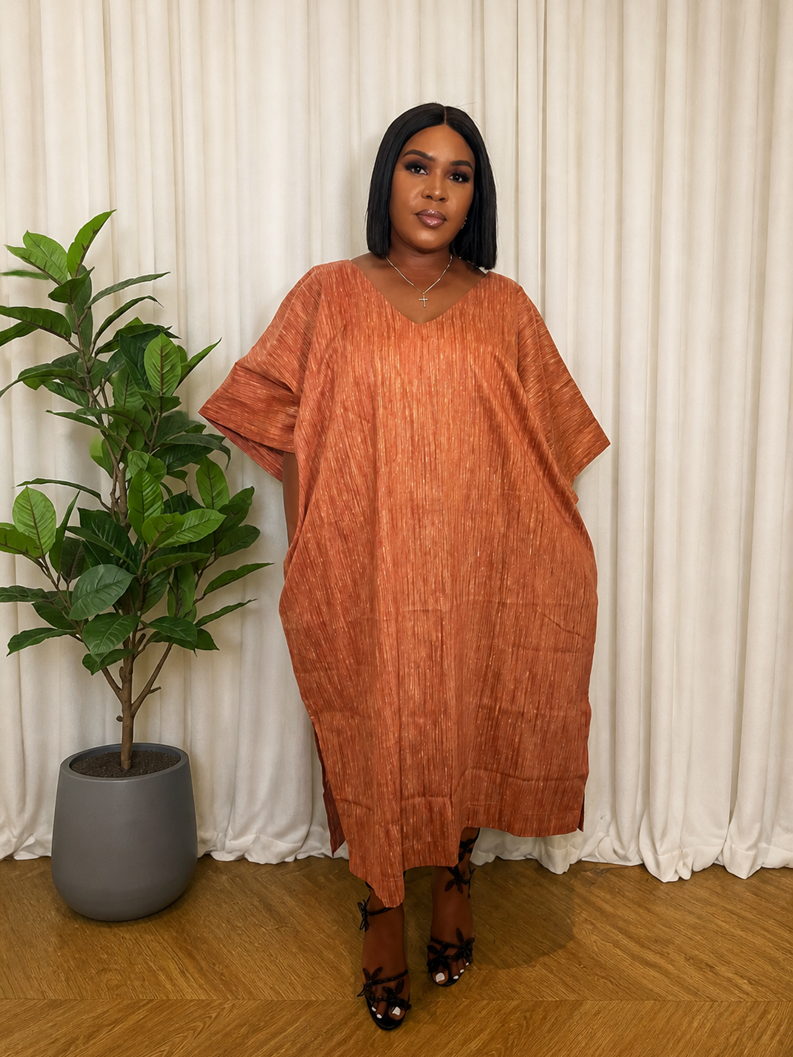 Burnt Orange Plain V-neck Bubu Dress